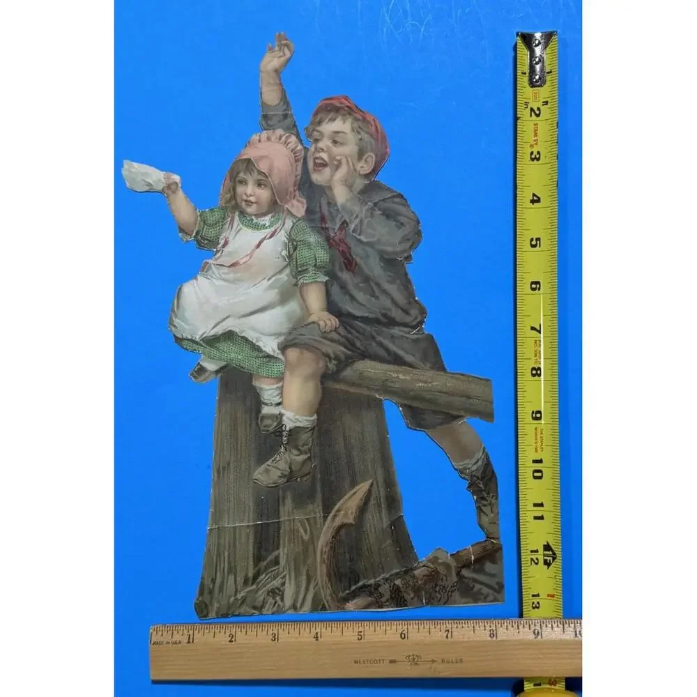 Victorian Color Paper Scrap Boy & Girl Sitting on Tree Stump (Brother & Sister)